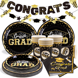 Easy Joy 2024 Graduation Decoration Party Tableware Black and Gold Plates Congrats Grad Banner Paper Cups and Napkins Sets Serve 16