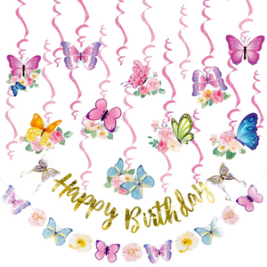 Easy Joy 21pcs Butterfly Birthday Decorations Happy Birthday Banner Hanging Flowers Swirls Pink Butterfly Decor for Girls